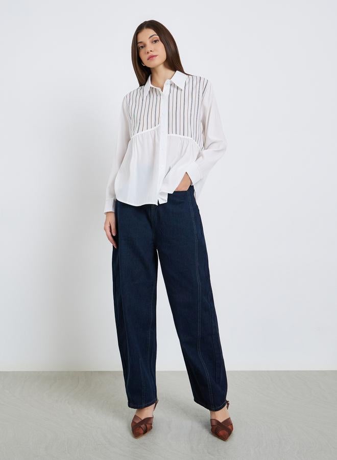 Styli Women White Striped Panel Long Sleeve Shirt - Image 2